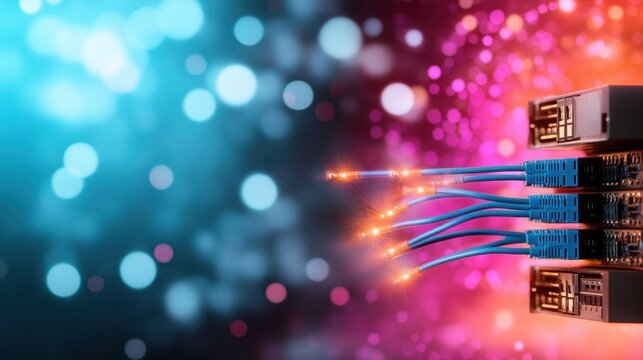 An artistic representation of network cables and technology, illuminated with vibrant colored lights, reflecting the fast-paced world of connectivity and data transfer.