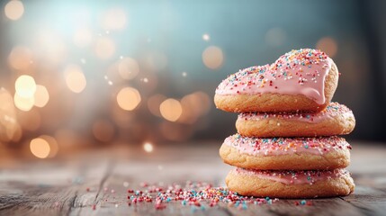A stack of delightful heart-shaped donuts generously coated with vibrant pink icing and colorful sprinkles, embodying joy and celebration in the sweetest form.