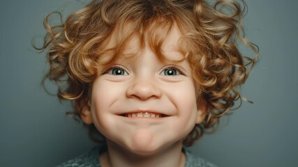 Happy curly-haired child laughing with mouth open, expressing pure joy and excitement against a plain background, capturing childhood innocence and playful energy in a candid close-up portrait