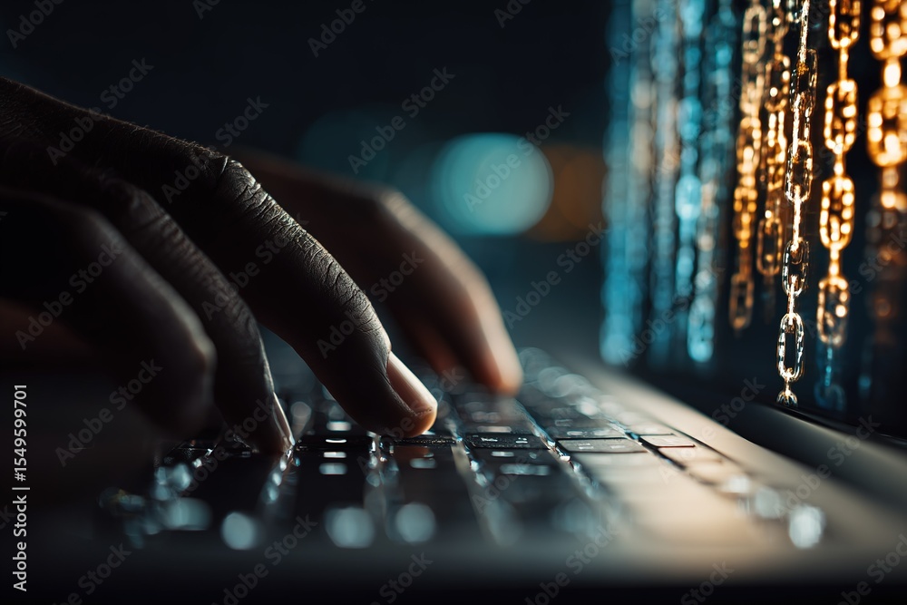 Poster hands typing on a keyboard with colorful light reflections representing digital data and technology 