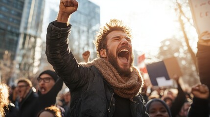 An intense image captures a passionate young man leading a protest, revealing the strength of community and the power of voices raised in unity for a cause against a sunny backdrop.
