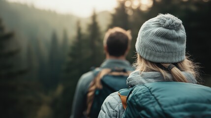 A couple of hikers traversing a beautiful forest trail, surrounded by tall trees and a hazy morning light that evokes a sense of adventure and connection with nature.