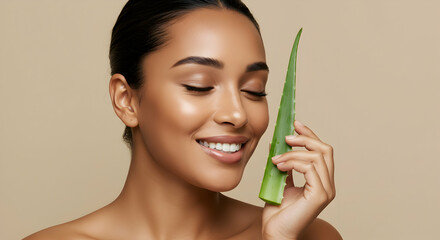 Radiant Skin Natural Beauty Aloe Vera Plant Skincare Woman Face Closeup