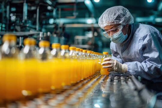 Beverage plant hygiene staff inspecting bottled juice on assembly line - Powered by Adobe