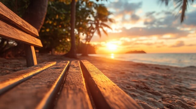A tranquil beach scene at sunrise, featuring a rustic wooden bench overlooking gentle waves and palm trees, capturing the essence of peaceful solitude and natural beauty.