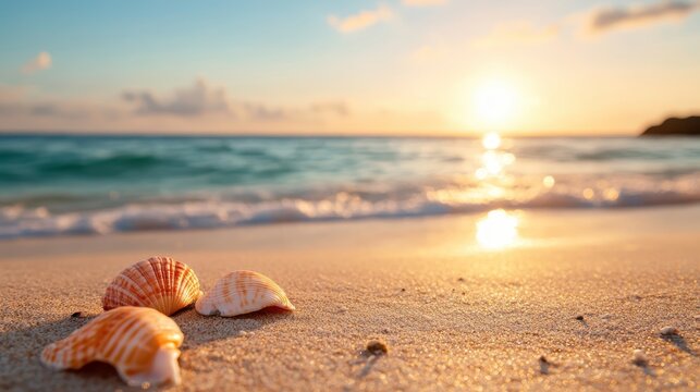 Three beautiful seashells resting on soft sand, illuminated by the warm light of the setting sun, capturing the tranquil essence of a peaceful beach atmosphere.