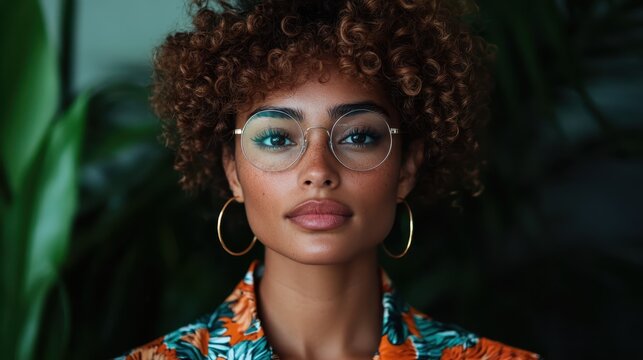 A confident woman with curly hair poses in a stylish and vibrant summer outfit against a lush background, exemplifying beauty, individuality, and modern fashion.