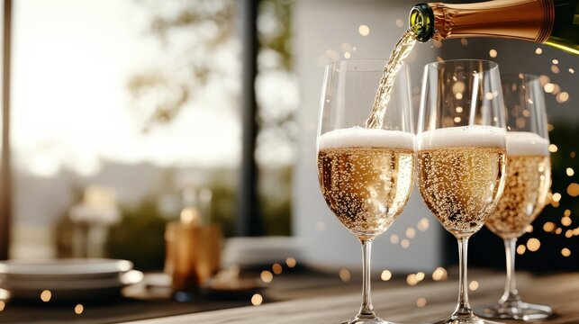 Champagne is being poured into three elegant glasses, capturing the festive mood of celebration and joy, enhanced by soft bokeh lights in the background.
