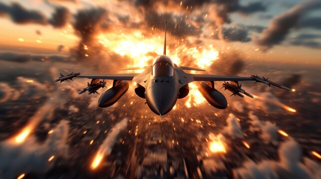 An intense aerial scene featuring a fighter jet soaring through a dramatic explosion backdrop, representing warfare, power, and technological advancement in military aviation.