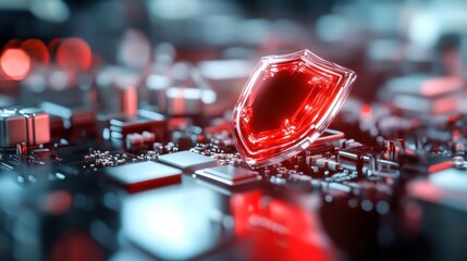 A futuristic image of a glowing cybersecurity shield integrated into a digital circuit board, representing the convergence of technology, security, and innovation in the digital world.