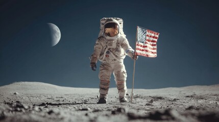 Moon Landing Anniversary tribute with astronaut standing proudly on lunar surface holding US flag under crescent moon ideal for patriotic commemorations and space exploration themes