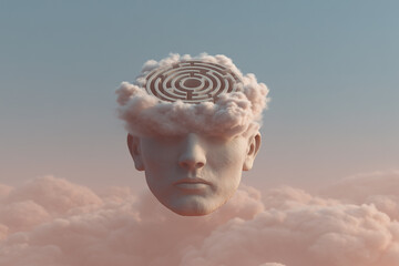 Conceptual surreal artwork of a human head formed from clouds, containing a glowing maze inside. 