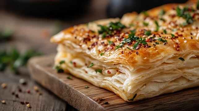 A delectable, golden flaky pastry layered with herbs and spices presented on a rustic wooden board, tantalizing the senses with its savory aroma and appealing texture.