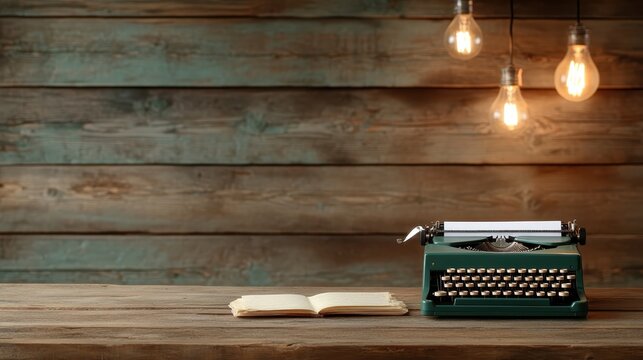 A classic vintage typewriter sits beside an open book on a rustic wooden table, evoking nostalgia and creativity while symbolizing the timeless art of written expression.