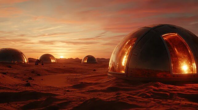A stunning view of futuristic domed habitats on Mars at sunset, evoking themes of exploration and human colonization in an alien landscape of red desert sands.