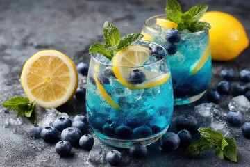 Vibrant summer blue beverage with ice fresh blueberries lemon slices and mint also available as a non alcoholic refresher