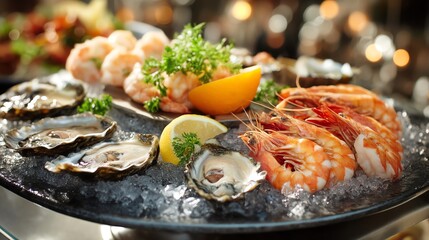Fresh Seafood Platter with Oysters, Shrimp, and Lemon on Ice
