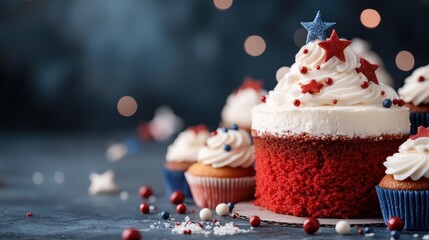 A beautifully decorated red velvet cake topped with cream and festive stars, surrounded by matching cupcakes, ideal for celebrations and special occasions.