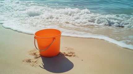 Beach scene with a single orange bucket