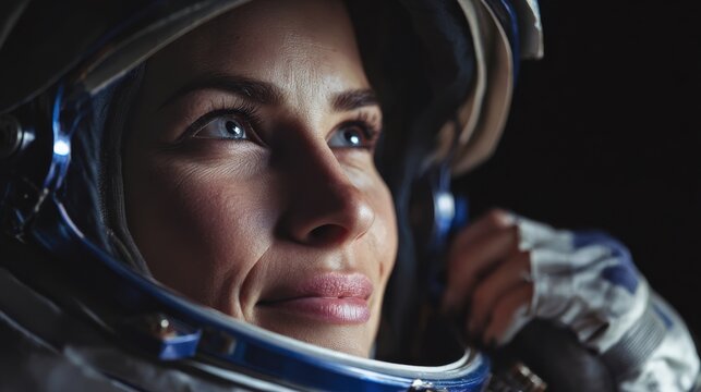 Close-up photo of smiling female astronaut in helmet preparing for spacewalk captured for Moon Landing Anniversary visuals, science inspiration and futuristic storytelling