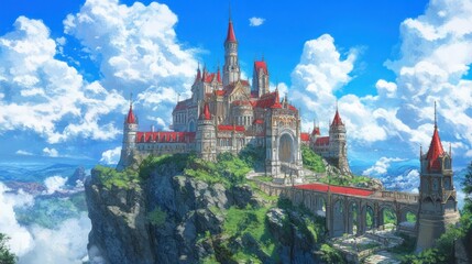 Obraz premium Massive red-roofed castle on a mountaintop