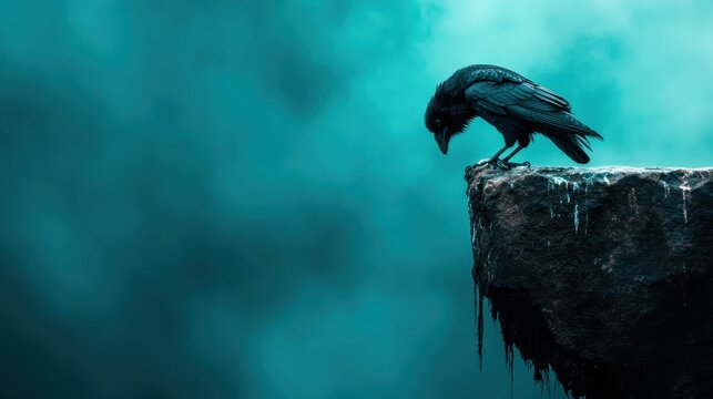 A solitary raven perched on a rugged rock edge surrounded by a dreamy misty backdrop, capturing a mysterious and contemplative moment that evokes deep emotions and introspection.