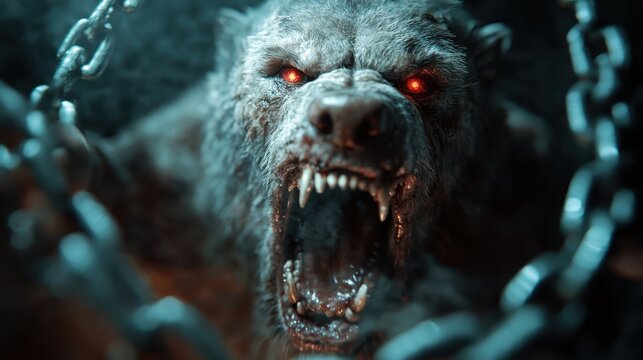 A dramatic and intense image of a fearsome werewolf snarling while breaking free from chains, embodying themes of power, struggle, and raw emotion in a fantasy setting.