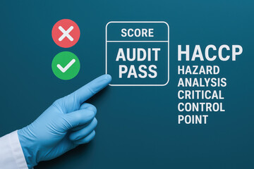 Fototapeta premium HACCP hazard analysis critical control point audit pass score concept with hand in glove pointing on blue background for safety