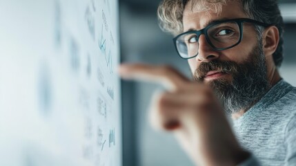 A thoughtful man with glasses examines data visualizations, representing concentration and analytical skills, ideal for business presentations and tech-related content.