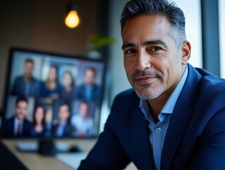 Man wearing suit with beard looking at camera in office setting.