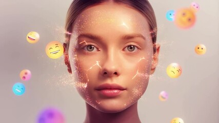 Woman face transforming with digital effects and emojis - Powered by Adobe