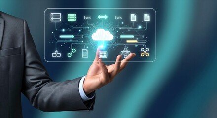 holographic cloud sync dashboard with glowing file icons