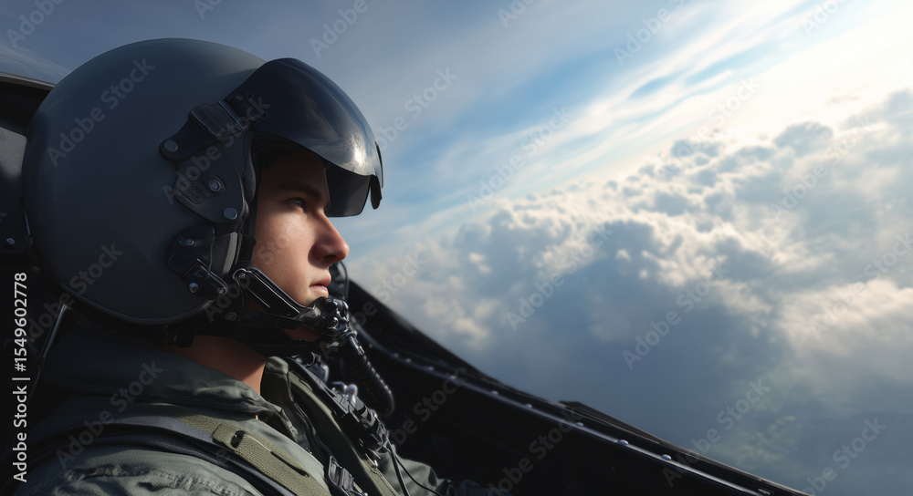 Poster a skilled pilot focuses intently on maneuvering a fighter jet high above the clouds.