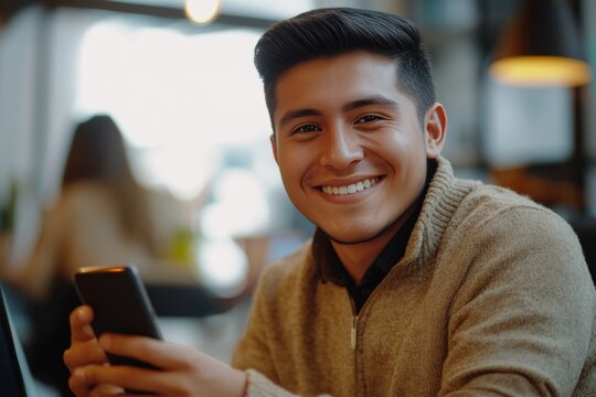 Young man smiling as he uses his phone in a casual cafe setting.