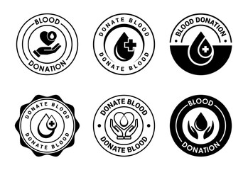 Blood donation icons set design, Donate blood badge label sign black on white background