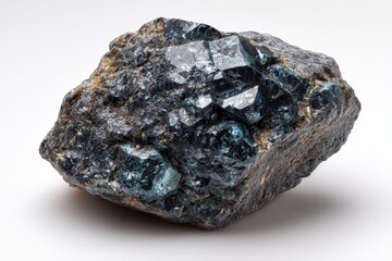 Close up image of raw molybdenite mineral on white backdrop