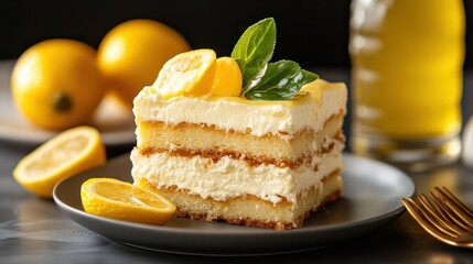 A beautifully presented lemon cake adorned with fresh lemon slices, showcasing layers of creamy filling and sponge, perfect for dessert enthusiasts and culinary photography.