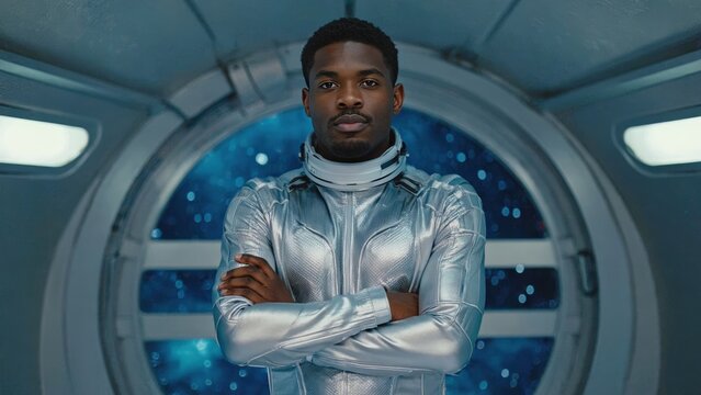 Male astronaut in a silver, futuristic space suit standing against a backdrop of the galaxy and outer space. He has his arms crossed with a determined look. - Powered by Adobe