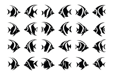 Collection of Moorish idol fish silhouette illustrations. Ideal for use in marine biology projects, aquarium branding, ocean-themed educational materials