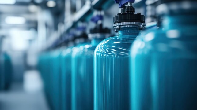 This image captures a row of vibrant blue water bottles in a modern factory setting, highlighting the importance of hydration and the efficient production process.