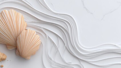Pale beige seashells on a white marble surface with flowing lines