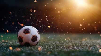 This high-energy image of a soccer ball in motion surrounded by vibrant particles captures the spirit and excitement of the game on a beautiful field.