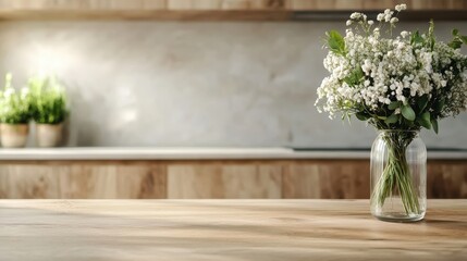 A sleek kitchen countertop adorned with a delicate bouquet of flowers, showcasing a harmonious balance of simplicity and elegance in a well-designed space.