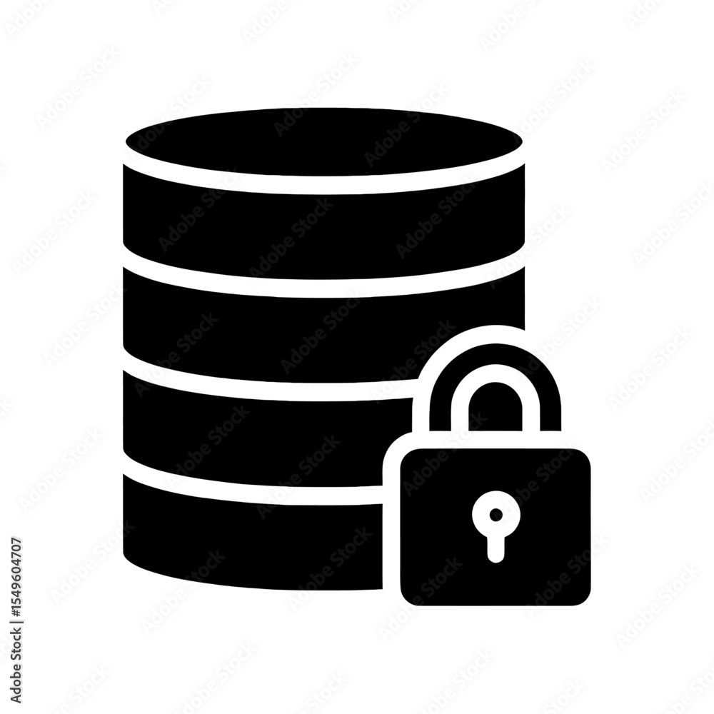 Poster locked database vector icon for secure data storage and cybersecurity protection information system 