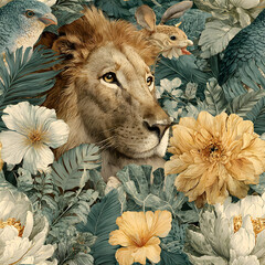 Fototapeta premium Tropical Jungle Pattern with Exotic Animals and Flowers , Watercolor hand drawn Illustration