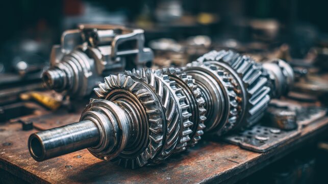 High-quality stock image of disassembled car automatic transmission gear part on workbench. Garage or repair factory station for fix service or maintenance. Vehicle part detail.