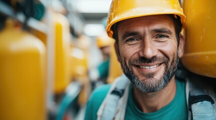 A smiling man wearing a hard hat and safety gear stands confidently in a warehouse, emphasizing safety and professionalism. His joyous expression symbolizes hard work and dedication.