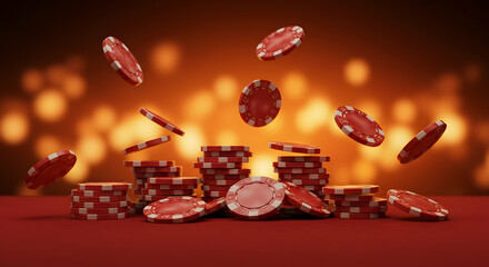 Red Casino Poker Chips Falling on Table Gambling Luck Fortune Game Night Vegas Casino Chips Gamble  Win Jackpot