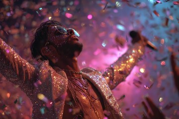 Pride Month: Non-Binary Performer in Sequined Bodysuit Mid-Lip Sync | Glitter Beard & Jeweled Eyelashes Shine Under Spotlight