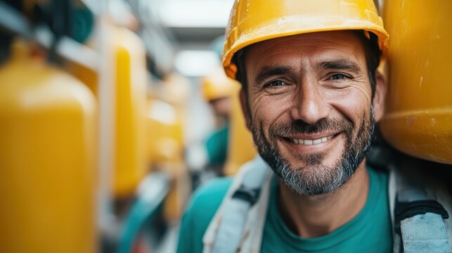 A smiling man wearing a hard hat and safety gear stands confidently in a warehouse, emphasizing safety and professionalism. His joyous expression symbolizes hard work and dedication. - Powered by Adobe